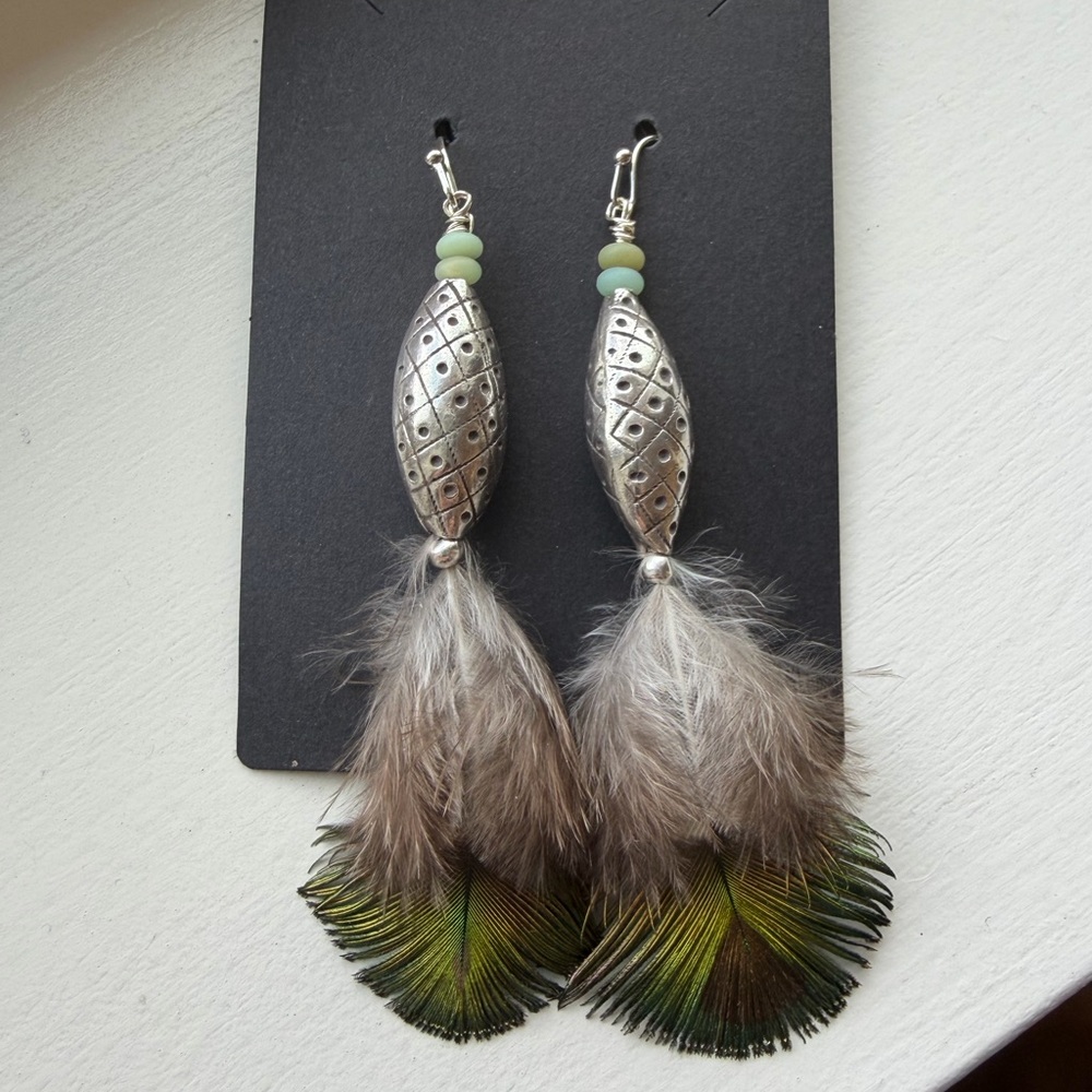 Elegant Silver and Green Feather Earrings